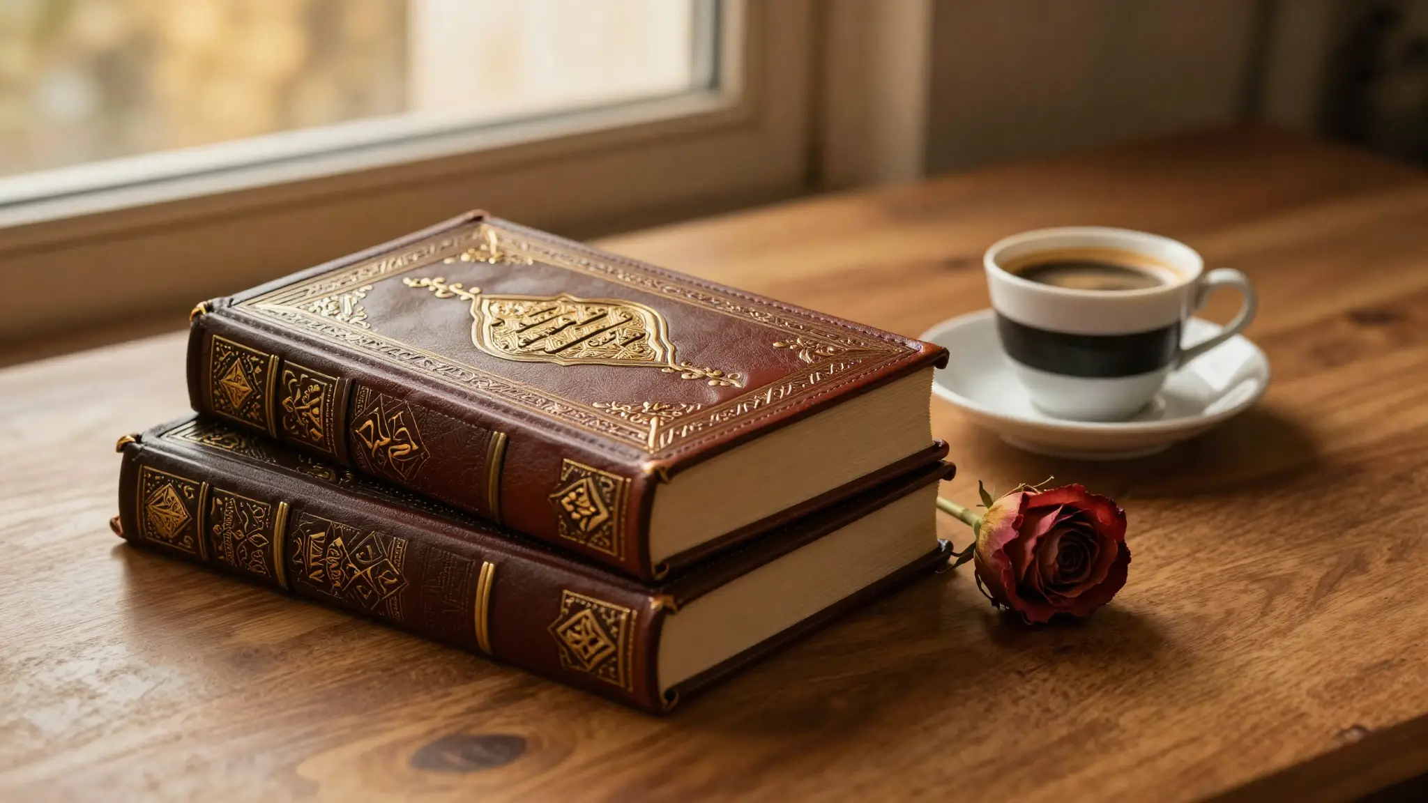دواوين الشعر العربي المجلّدة بعناية فوق طاولة خشبية مع فنجان قهوة، دليل اختيار كتب الأشعار
